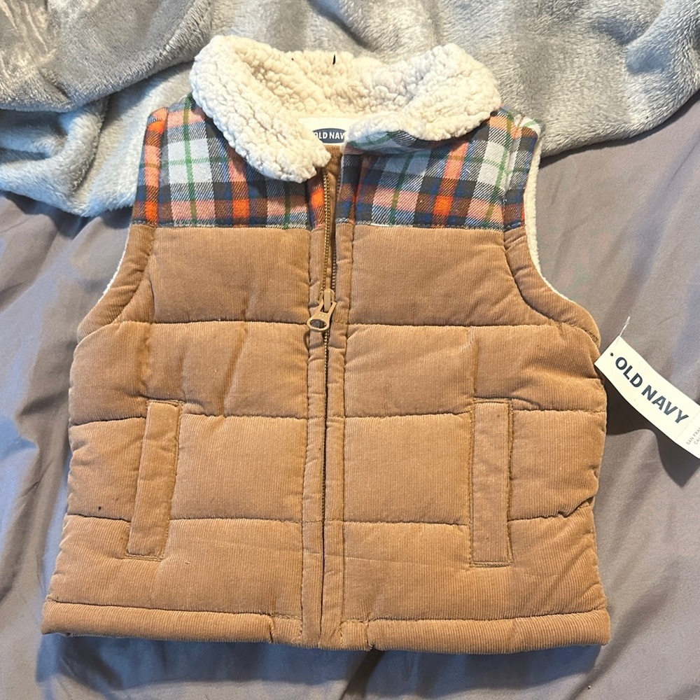 Old Navy Tan Quilted Corduroy Vest with Plaid Yoke and Sherpa Collar